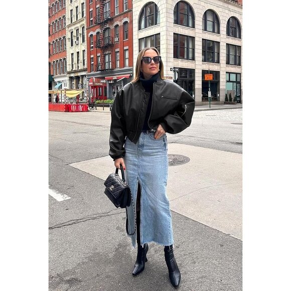 Women Black Faux Leather Cropped Bomber Jacket Baseball Collar Zip Up - Picture 5 of 7